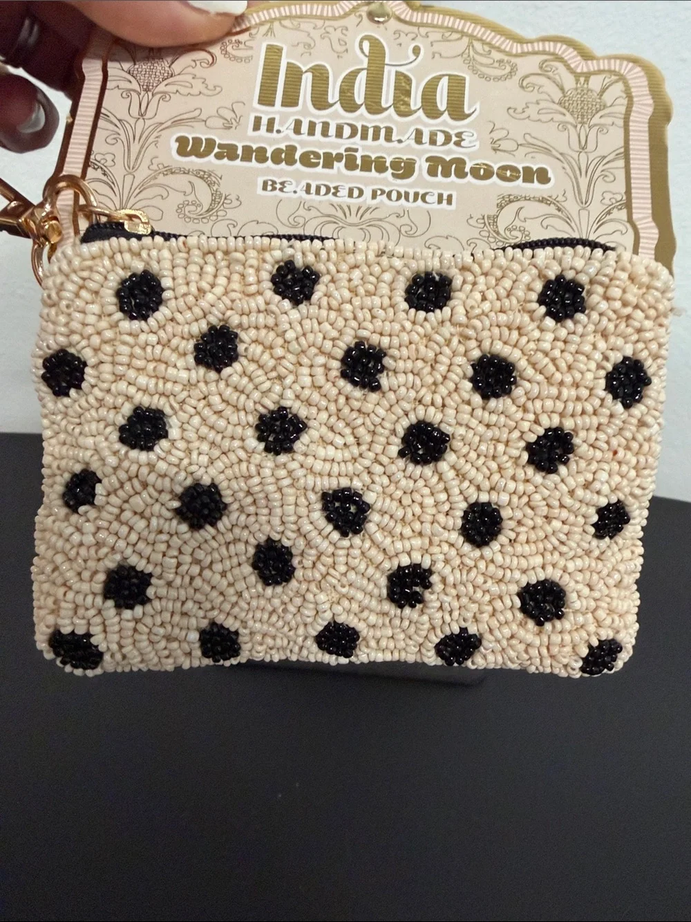 Wandering Moon | Cream & Black Polka Dot Beaded Coin Purse